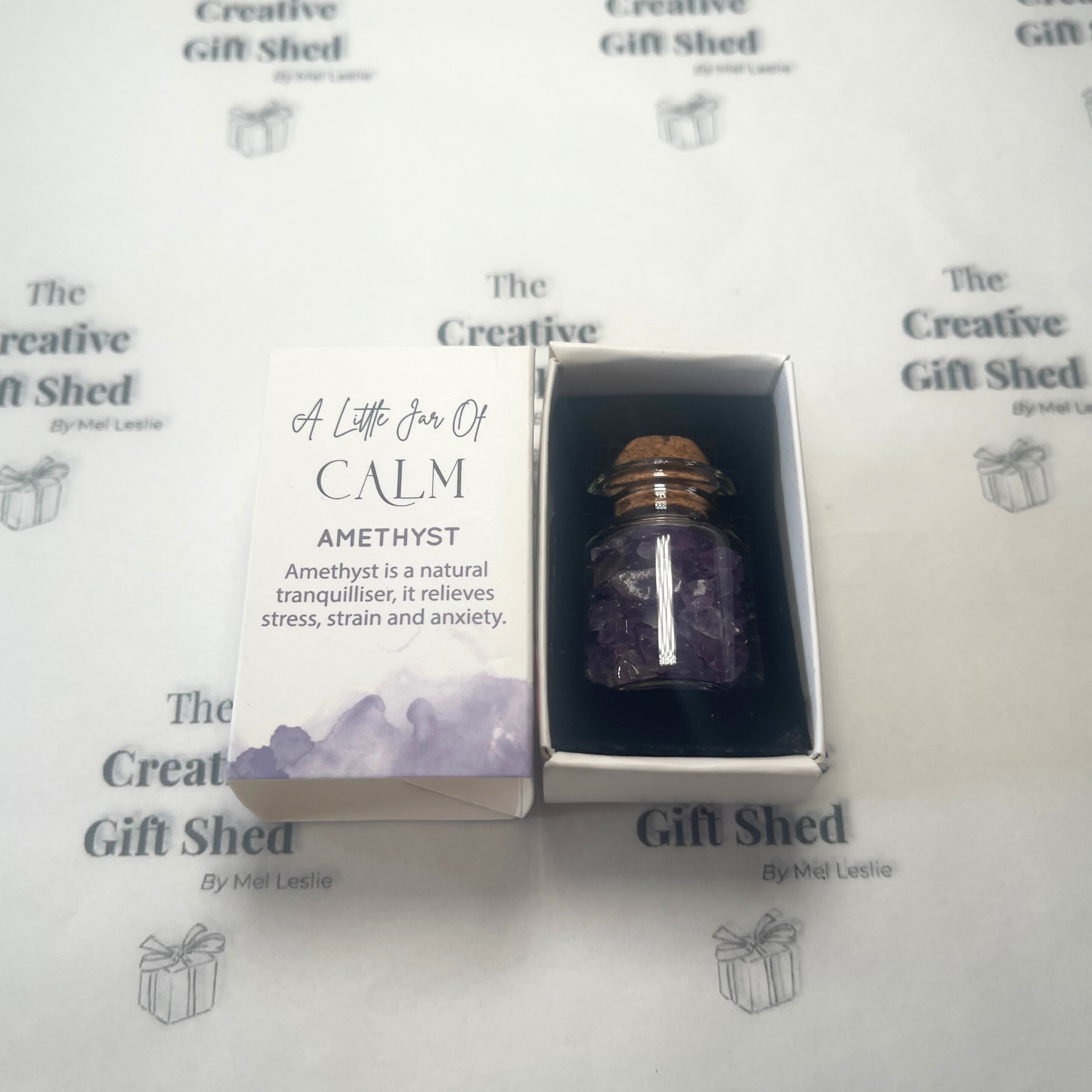 Little Jar of Calm – miniature jar filled with amethyst crystals from The Hug Box