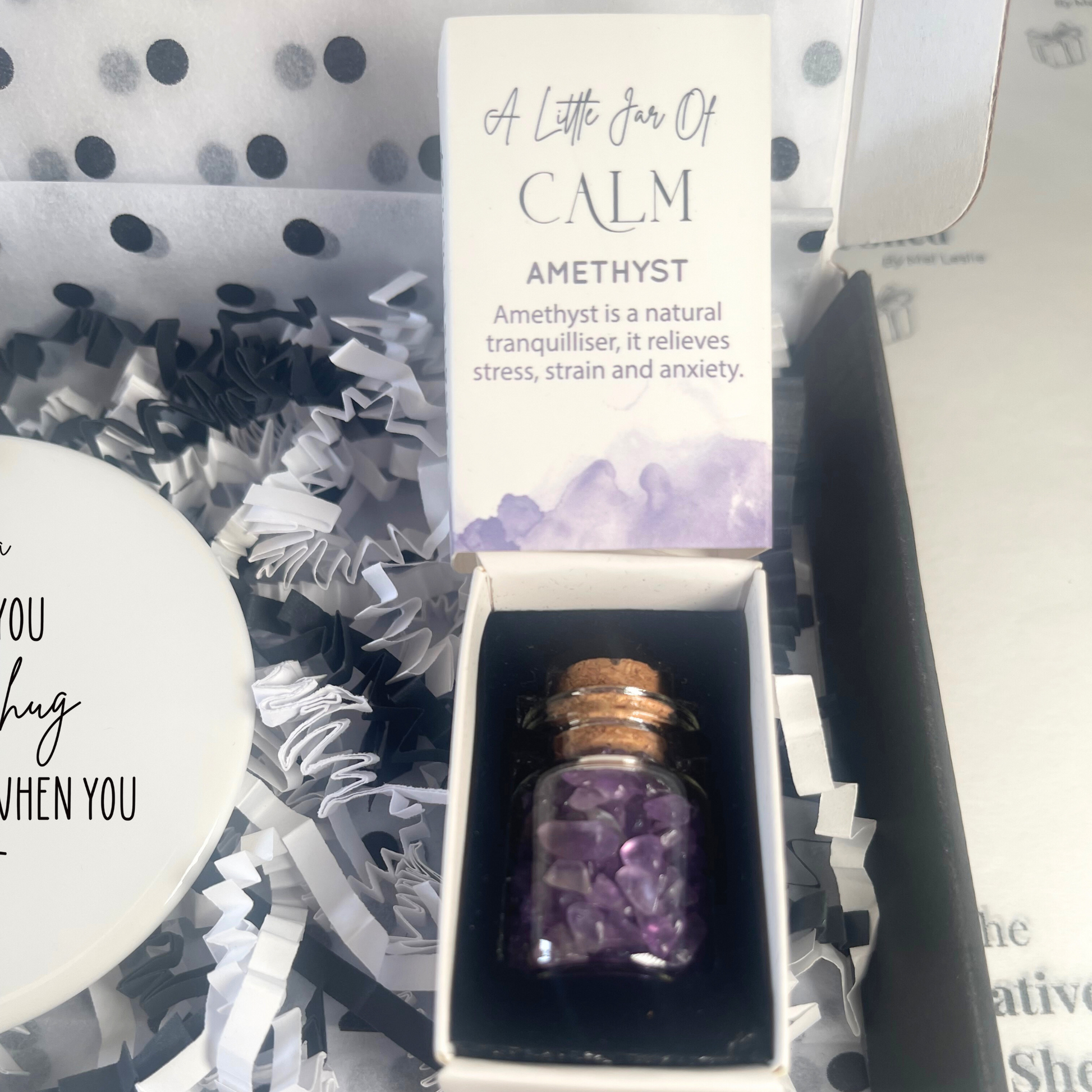 Little Jar of Calm – miniature jar filled with amethyst crystals from The Hug Box