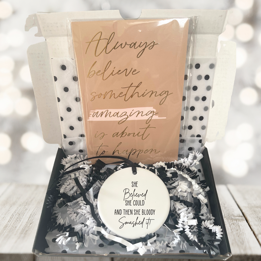 Branded client thank-you gift UK – Celebration Box with motivational ceramic and notebook