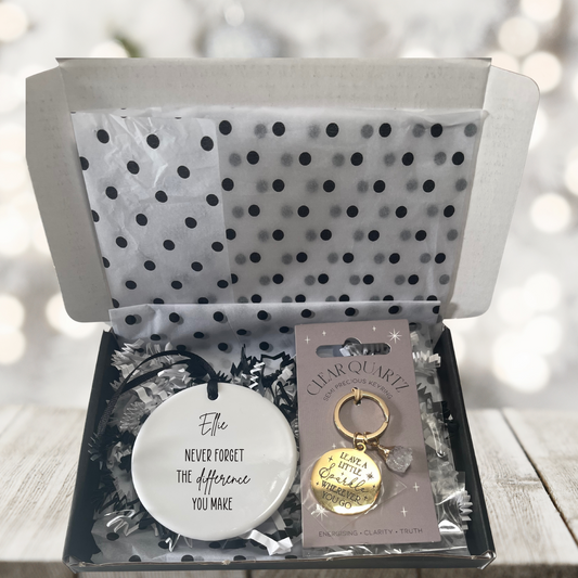 Personalised letterbox gift for clients Thank You Box with ceramic keepsake and sparkle keyring.