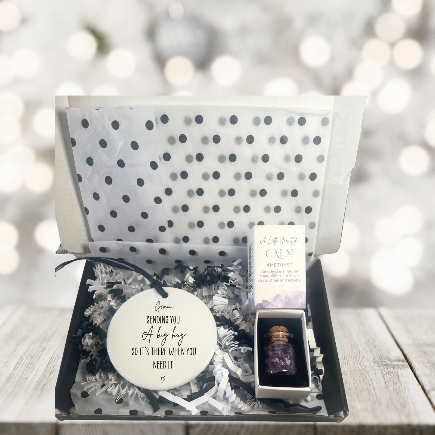 The Hug Box – ceramic with “Sending you a big hug” quote and Little Jar of Calm in letterbox gift packaging