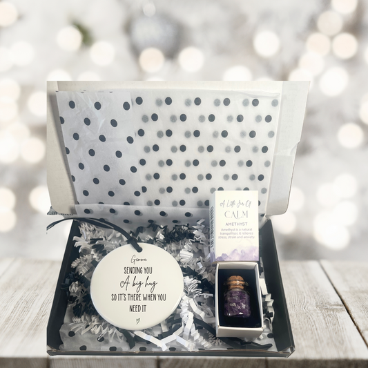 The Hug Box – ceramic with “Sending you a big hug” quote and Little Jar of Calm in letterbox gift packaging