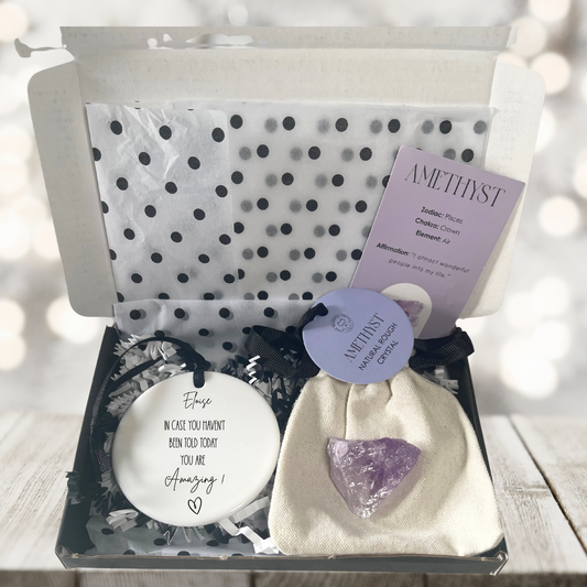 Luxury small parcel business gift – Just Because Box with ceramic keepsake and amethyst crystal